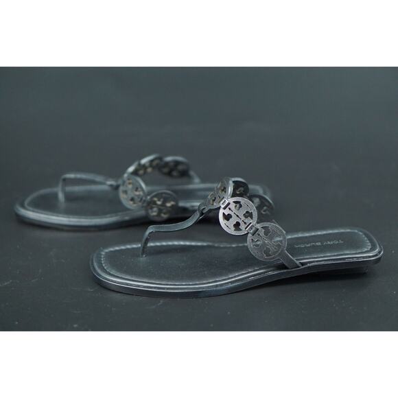 Tory Burch Miller Tiny Black Leather Thong Sandals SZ 7.5 $235 Logo Flip Flop - Picture 5 of 9